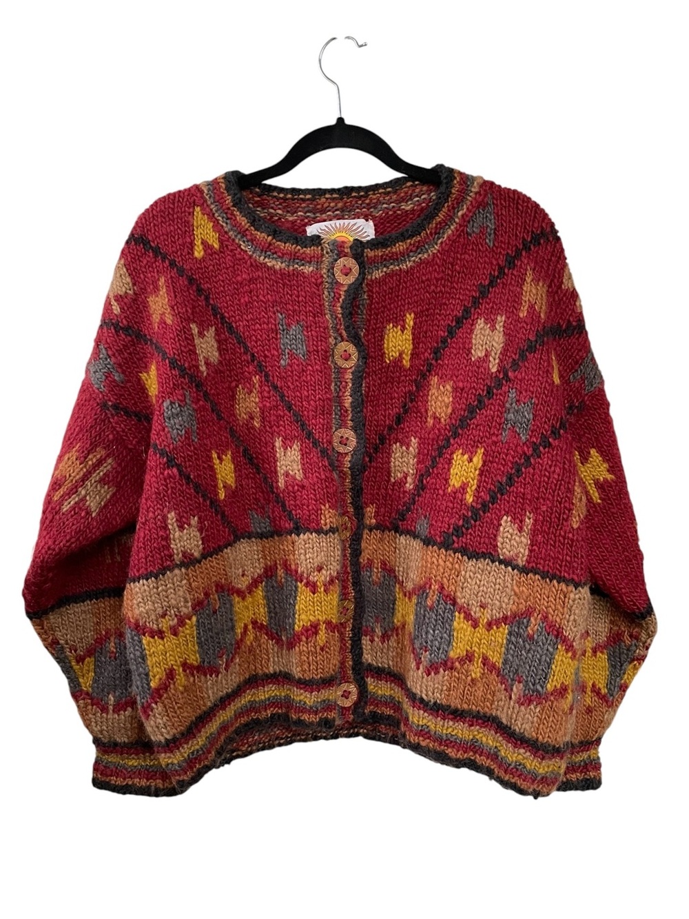 NUEVO AMERICANA Nepal Handmade Chunky Wool Button-Front Cardigan Sweater Red M